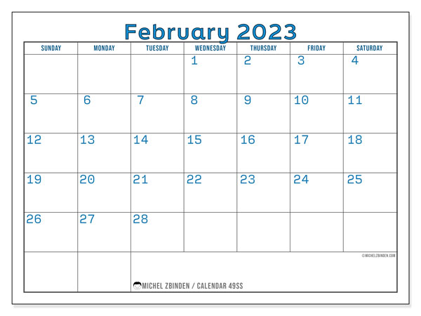 Printable calendar, February 2023, 49SS