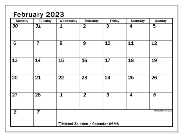 Printable February 2023 calendar. Monthly calendar “501MS” and agenda to print free