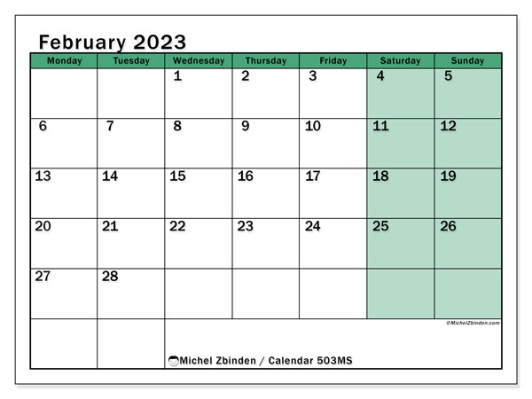 Printable February 2023 calendar. Monthly calendar “503MS” and free agenda to print