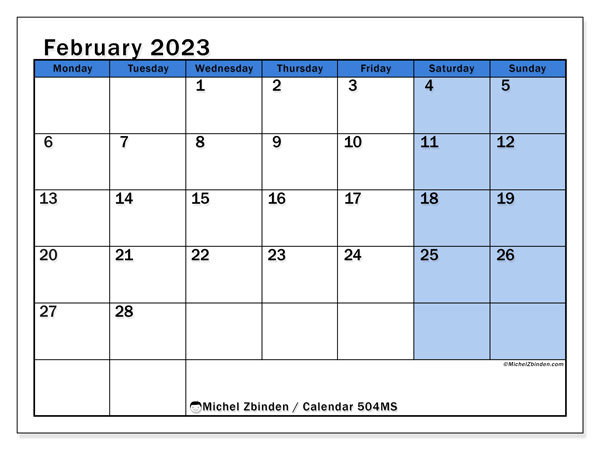 Calendar 504MS, February 2023, to print, free. Free schedule to print