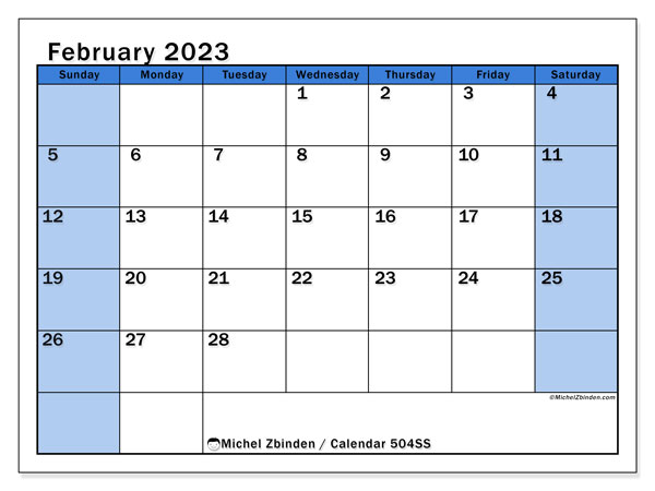 Printable calendar, February 2023, 504MS
