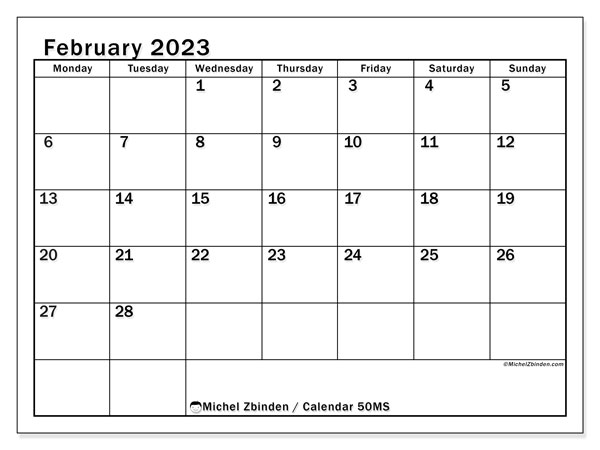 50MS calendar, February 2023, for printing, free. Free printable agenda