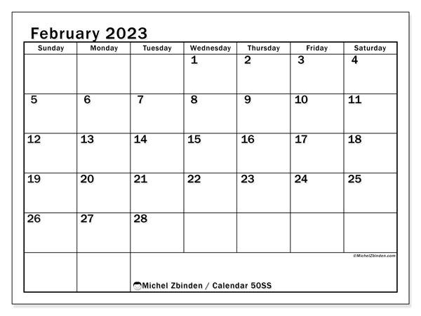 Calendar 50SS, February 2023, to print, free. Free printable schedule