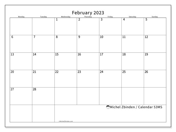 53MS calendar, February 2023, for printing, free. Free timetable to print