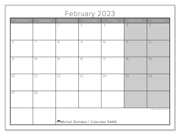 54MS calendar, February 2023, for printing, free. Free schedule to print