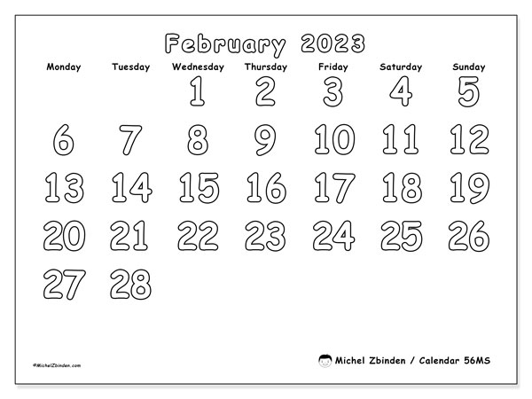 Printable calendar, February 2023, 56MS