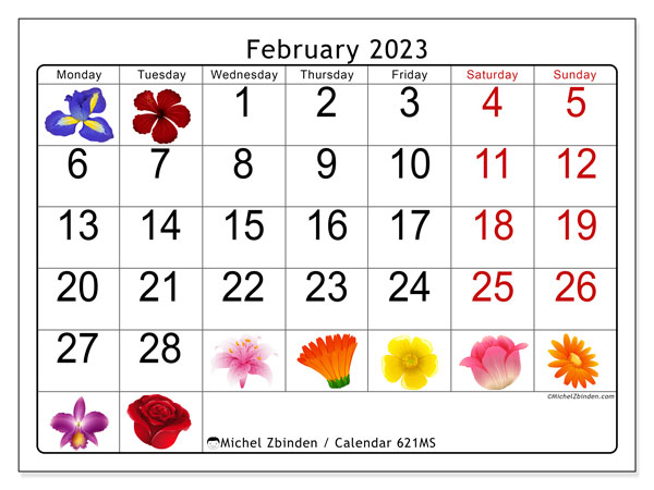 Printable calendar, February 2023, 621MS