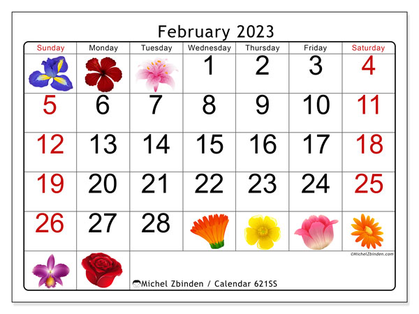 Printable calendar, February 2023, 621MS
