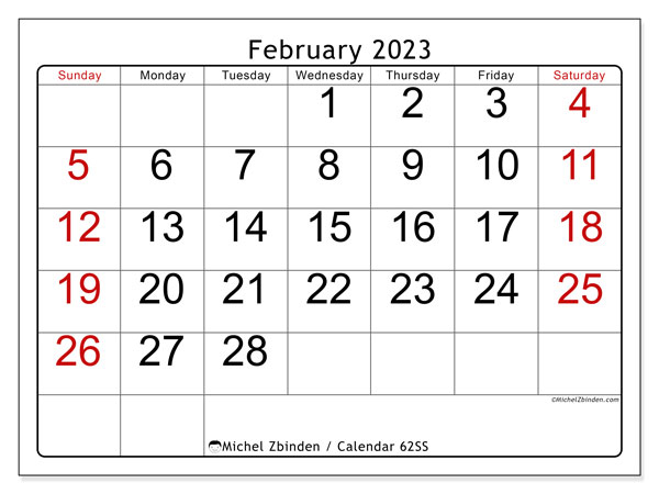 Printable calendar, February 2023, 62MS