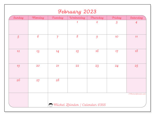 Calendar 63SS, February 2023, to print, free. Free plan to print