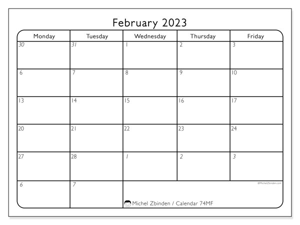 Calendar 74MS, February 2023, to print, free. Free diary to print