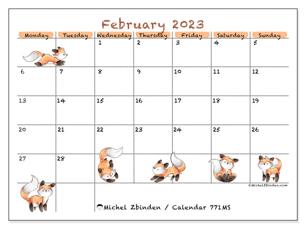 Printable February 2023 calendar. Monthly calendar “771MS” and timetable to print free