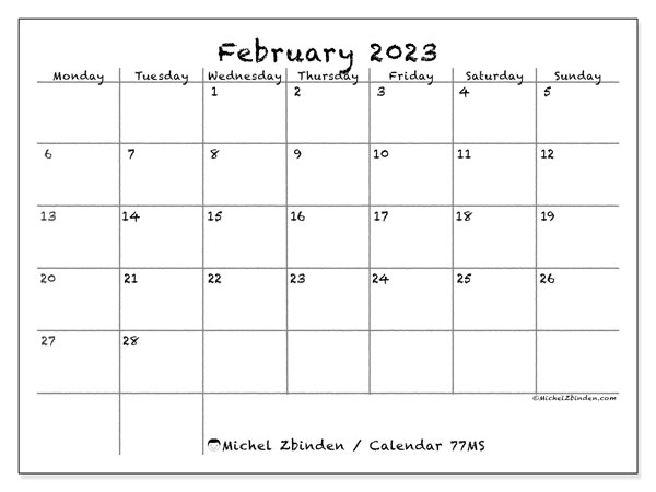 Calendar 77MS, February 2023, to print, free. Free timeline to print