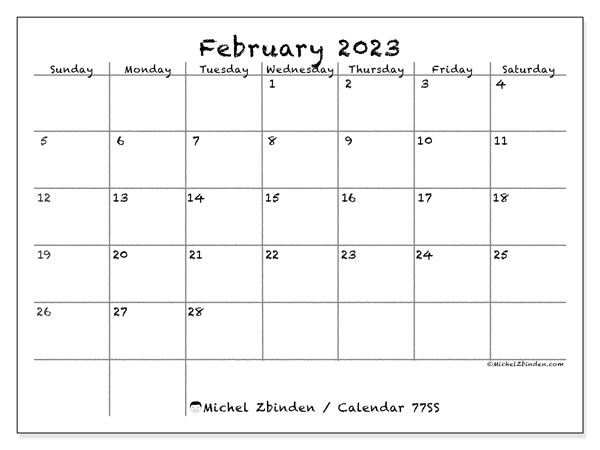Printable calendar, February 2023, 77MS