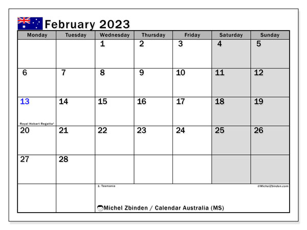 Printable calendar, February 2023, Australia (MS)