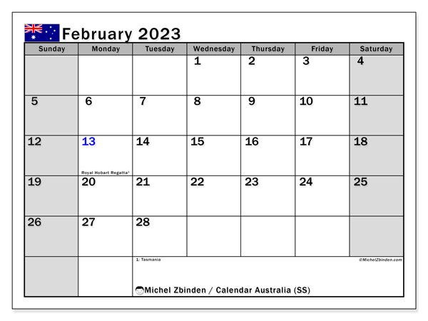 Printable calendar, February 2023, Australia (SS)