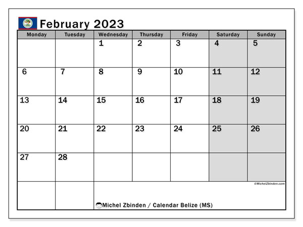 Printable calendar, February 2023, Belize (MS)