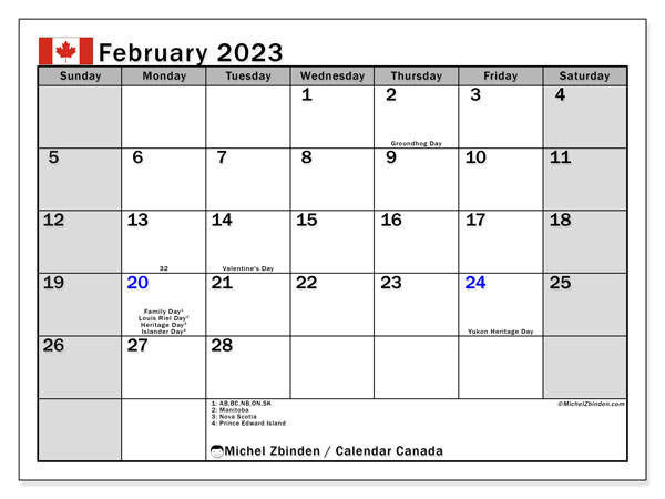 “Canada” printable calendar, with public holidays. Monthly calendar February 2023 and free agenda to print.