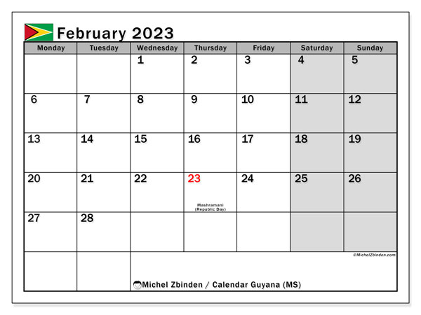 Printable calendar, February 2023, Guyana (MS)
