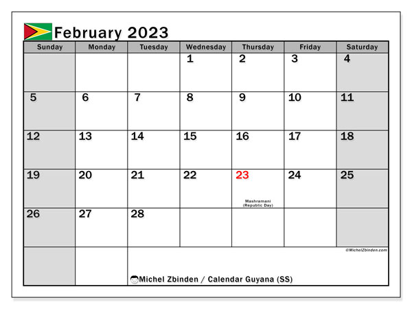 Calendar with public holidays in Guyana, February 2023, for printing, free. Free timetable to print