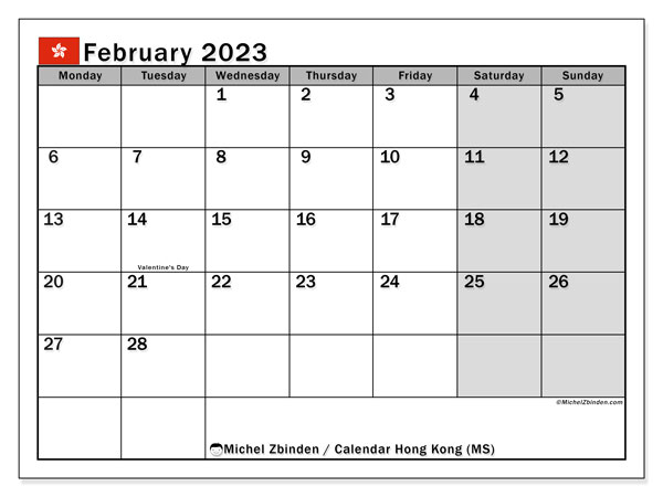 Printable calendar, February 2023, Hong Kong (MS)