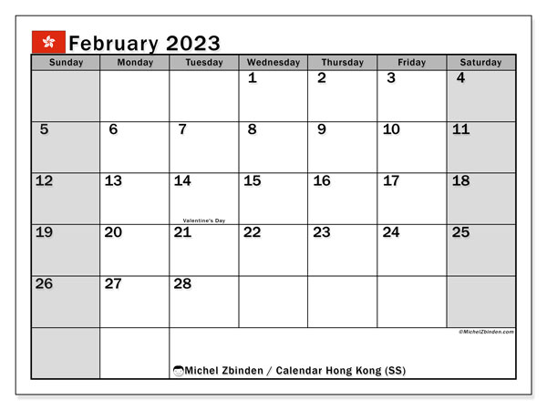 Printable calendar, February 2023, Hong Kong (SS)