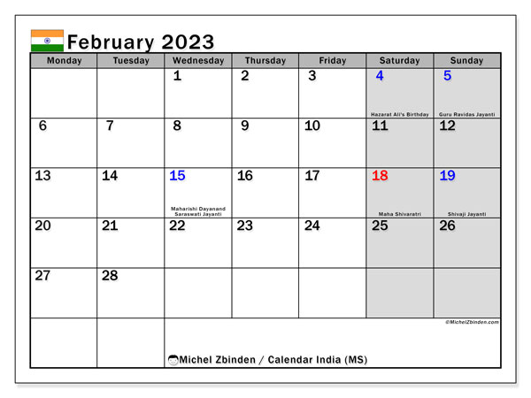 Printable calendar, February 2023, India (MS)