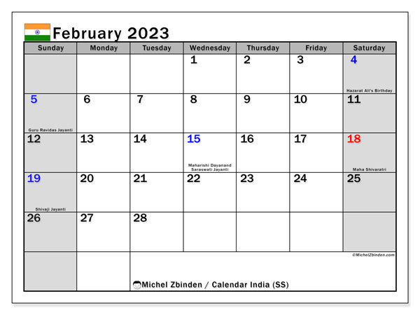 Printable calendar, February 2023, India (SS)