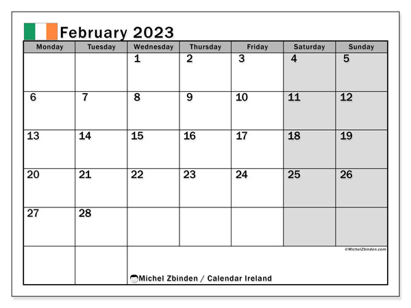 Calendar with Irish public holidays, February 2023, for printing, free. Free diary to print