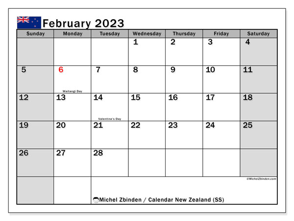 “New Zealand (SS)” printable calendar, with public holidays. Monthly calendar February 2023 and free printable planner.