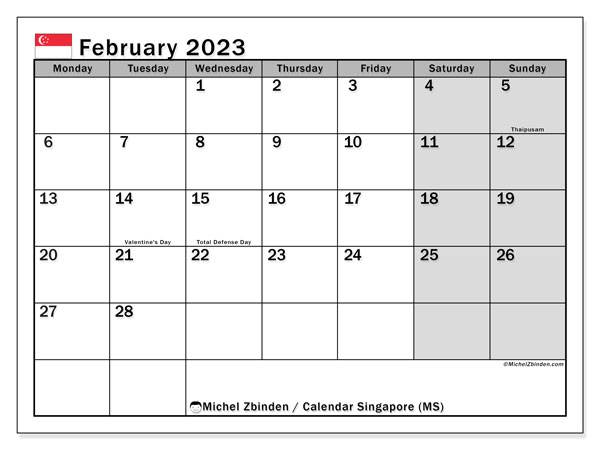 Calendar with Singapore public holidays, February 2023, for printing, free. Free planner to print