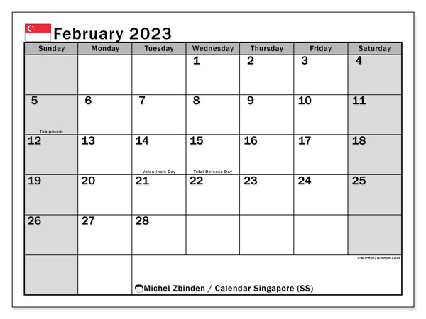 “Singapore (SS)” printable calendar, with public holidays. Monthly calendar February 2023 and free timetable to print.