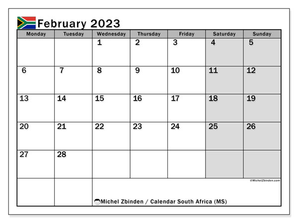 Printable calendar, February 2023, South Africa (MS)