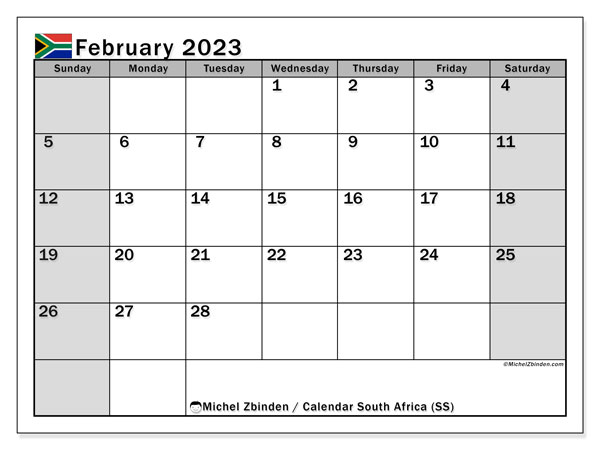 February 2023 Printable Calendar South Africa SS Michel Zbinden ZA