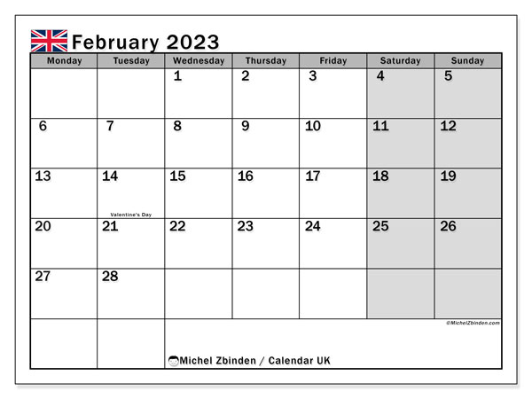 Printable calendar, February 2023, United Kingdom