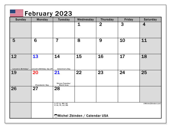 Calendar with US public holidays, February 2023, to print, free. Free agenda to print