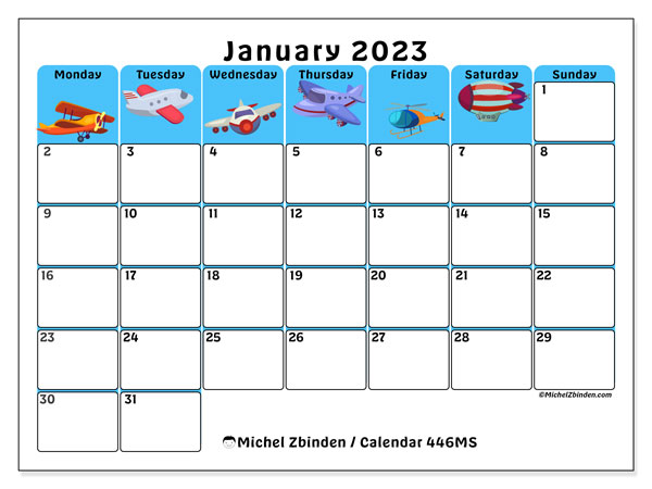 Printable January 2023 calendar. Monthly calendar “446MS” and free planner to print