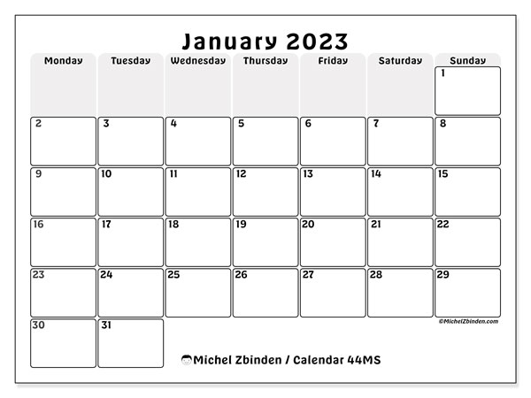 Printable calendar, January 2023, 44MS