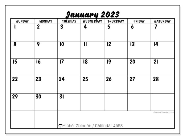 45SS calendar, January 2023, for printing, free. Free printable agenda
