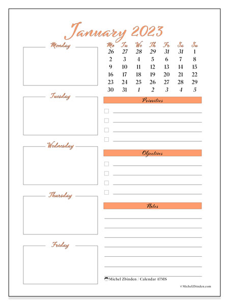 Printable January 2023 calendar. Monthly calendar “47MS” and free schedule to print