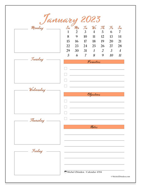 Printable January 2023 calendar. Monthly calendar “47SS” and agenda to print free