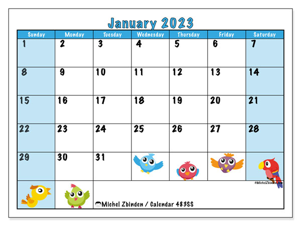 Printable calendar, January 2023, 483SS