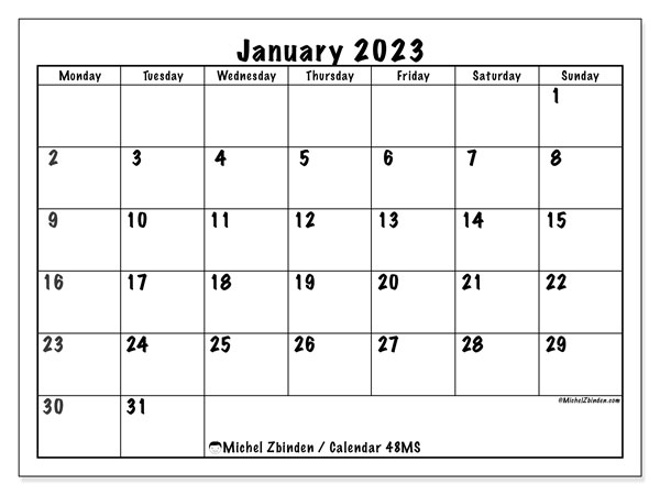 Calendar 48MS, January 2023, to print, free. Free planner to print