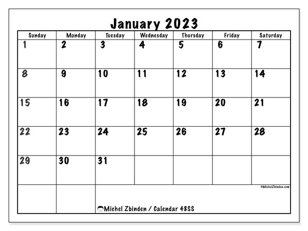 Calendar 48SS, January 2023, to print, free. Free printable planner