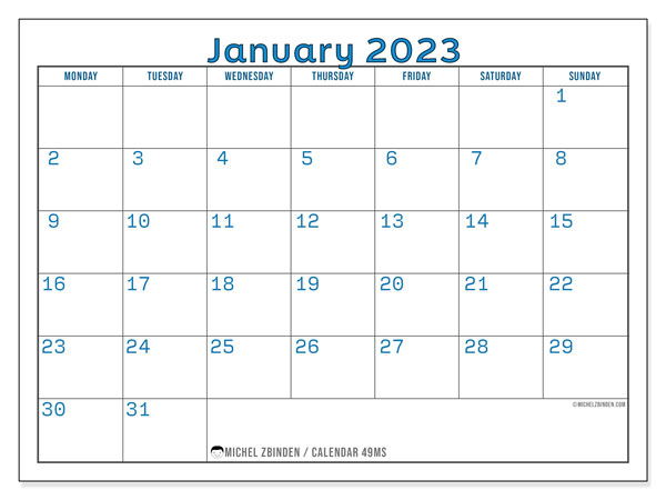 Calendar 49MS, January 2023, to print, free. Free printable timetable