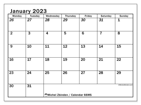 Printable calendar, January 2023, 501MS