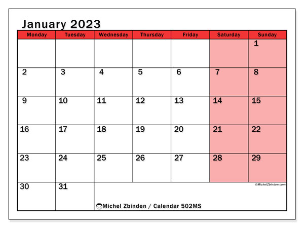 Printable calendar, January 2023, 502MS