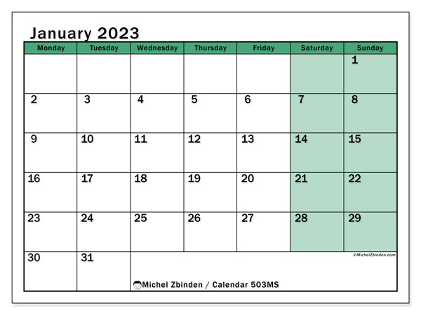 Printable calendar, January 2023, 503MS