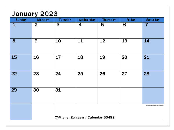Printable calendar, January 2023, 504MS