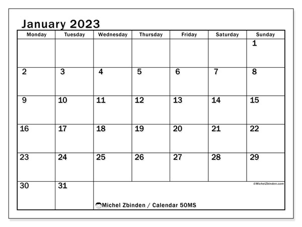 Calendar 50MS, January 2023, to print, free. Free timetable to print